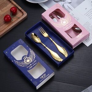 NIB Angels Wings Baby Spoon and Fork Gift Set Gold Tone Stainless Steel